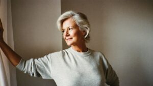 A thoughtful woman by a window considering her bone health