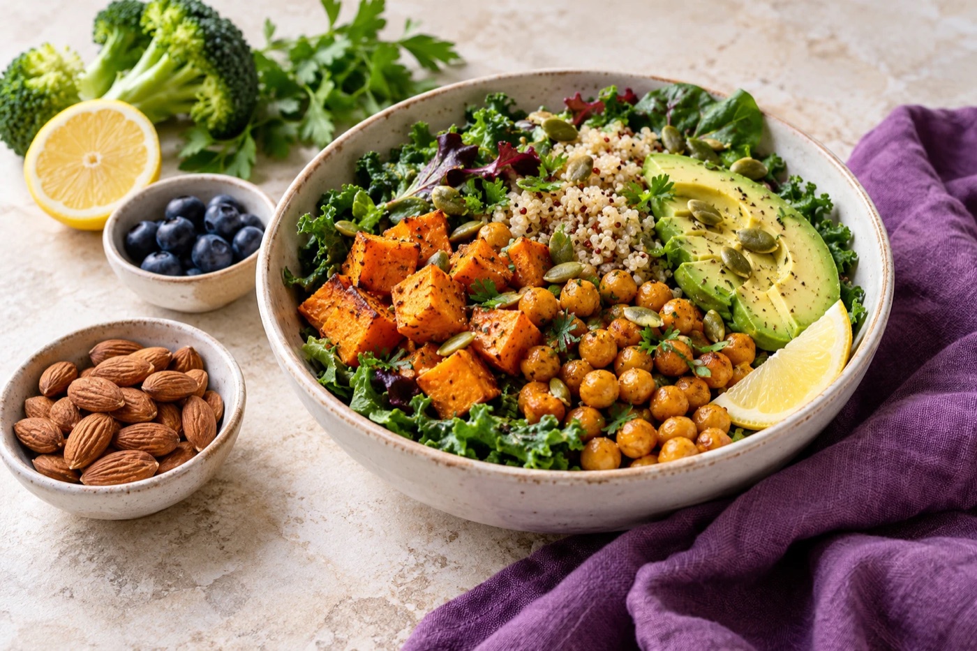 A bowl of kale, quinoa, roasted sweet potato, chickpeas, avocado and pumpkin seeds, with almonds, blueberries, broccoli and lemon alongside