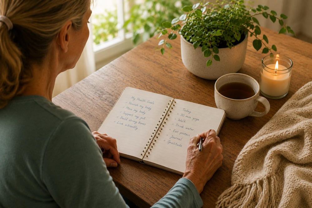 Woman journaling daily health goals and habits