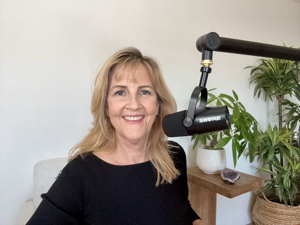 Debi Robinson recording The Stronger Bones Lifestyle podcast