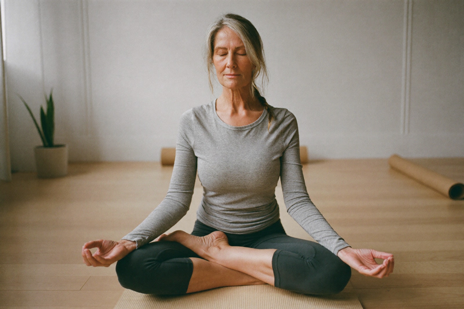 Mature woman in seated meditation pose — yoga therapy for bone health